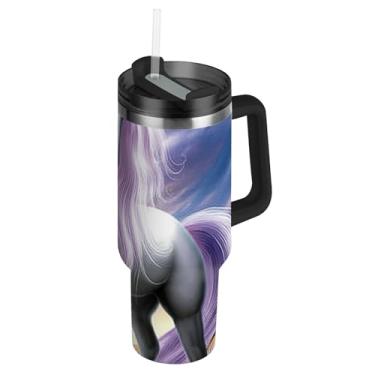 Imagem de Copo de juba roxa Fairy Unicorn com tampas e canudos, garrafa de água de aço inoxidável isolada de 1,134 g copo com alça garrafa de água térmica para copo de carro