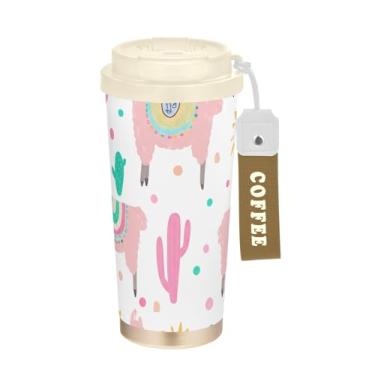 Imagem de TSENQUE Caneca de café de viagem de 473 ml com revestimento cerâmico, caneca de café de aço inoxidável com tampa e canudo, copo isolado a vácuo, lindo cacto rosa lhamas branco