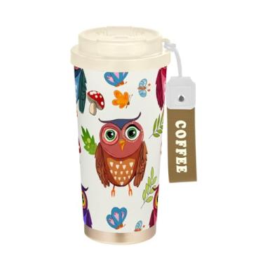 Imagem de TSENQUE Caneca de café colorida de corujas de desenho animado, 473 ml, copo com canudo e tampa, copo de parede dupla isolado a vácuo com revestimento cerâmico para escola, escritório, festa