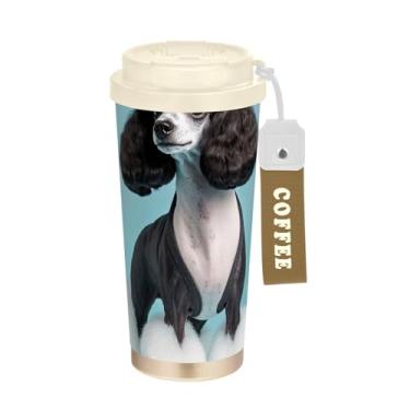 Imagem de TSENQUE Copo de café de viagem de 473 ml com revestimento de cerâmica, copo de café de aço inoxidável com canudo e tampa de filp, copo isolado a vácuo, arte chique para cães Poodle
