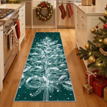 Imagem de Lahome Tapete de corredor de Natal com estampa de árvore – verde 5 x 15 cm, antiderrapante, lavável, tapete de Natal resistente a manchas, corredor de cozinha, decoração de férias, corredor não fino