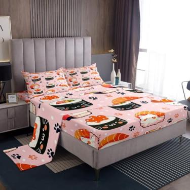 Imagem de Manfei Jogo de lençol Queen fofo de sushi, comida japonesa, decoração de quarto de meninas e mulheres, estampa de patas de gato kawaii, animal de estimação, rosa sonhador, 4 peças (elástico + plano +