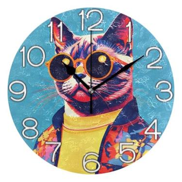 Imagem de GAIGEO Relógio de parede analógico decorativo relógio de cozinha bonito operado a bateria, decoração de parede de casa de fazenda moderna gato colorido legal, 25 cm, ponteiros dourados