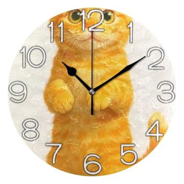 Imagem de GAIGEO Relógio de parede analógico decorativo quarto cozinha relógio operado por bateria silencioso, sala de estar decoração de parede moderna adorável gato laranja fofo, 25 cm, ponteiros dourados