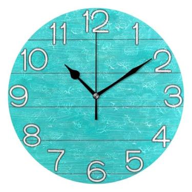 Imagem de GAIGEO Relógio de parede analógico decorativo estético silencioso sem tique-taque para sala de aula, relógio de escritório, decoração de parede vintage, sala de estar, turquesa, tábuas de madeira