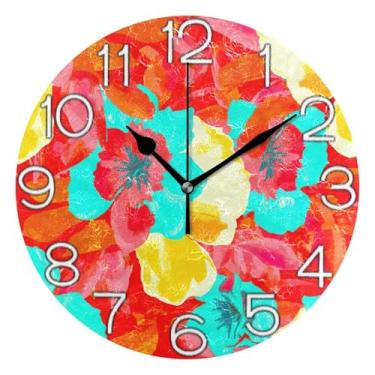Imagem de GAIGEO Relógio de parede analógico azul flores vermelhas aquarela relógio decorativo escritório cozinha operado por bateria, arte de parede moderna legal decoração de casa, 25 cm, ponteiros dourados
