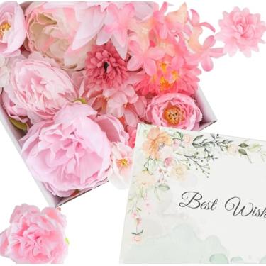 Imagem de Flores de seda rosa, conjunto de caixa de flores artificiais com hastes para buquês de casamento, decoração de mesa central, arranjo floral, decoração de casa