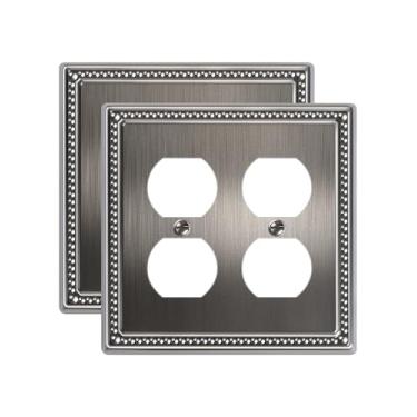 Imagem de TREEWELL Pacote com 2 capas duplas de tomada, placas de interruptor de metal e tampas de tomada, placas decorativas de parede de pérolas prateadas antigas para tomadas elétricas, capa de receptáculo