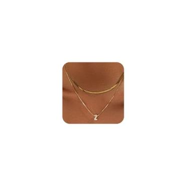 Imagem de KLSURPRISE2 Colar feminino com letra mini bolha – Colar delicado com inicial de zircão banhado a ouro 18 k manchado espinha de peixe em camadas para presente, Large, Cobre, Zircão