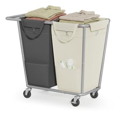 Imagem de SONGMICS Cesto de lavanderia com rodas, classificador de roupa de 2 seções, 190 L, cesto com sacos removíveis, estrutura de aço resistente, branco creme e cinza escuro URLS009X01