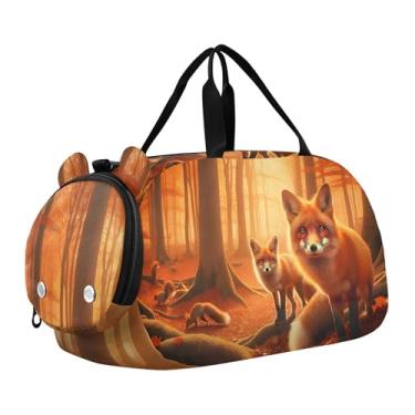 Imagem de Bolsa esportiva de Natal para meninas Highland Cow, bolsa de viagem para fim de semana, compartimento para sapatos noturnos, bolsa esportiva para meninos, Autumn Forest Foxes 1, Clássico