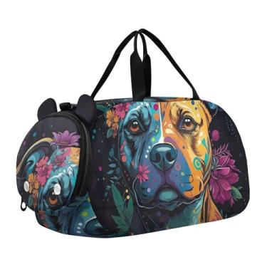 Imagem de Bolsa esportiva para meninos com desenho de sapo verde, bolsas de fim de semana para viagem, compartimento de sapatos, Flores coloridas para cães Pitbull pretas, Clássico