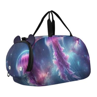 Imagem de Bolsa esportiva para meninos, bolsa de viagem com olhos verdes de coruja roxa para crianças, Água-viva galáxia roxa azul, Clássico