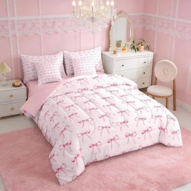Imagem de Erosebridal Conjunto de cama casal com laço rosa feminino, cama com laço princesa em uma bolsa, conjunto de edredom romântico, amor, coração, com lençóis, nó de borboleta, 7 peças, decoração de quarto