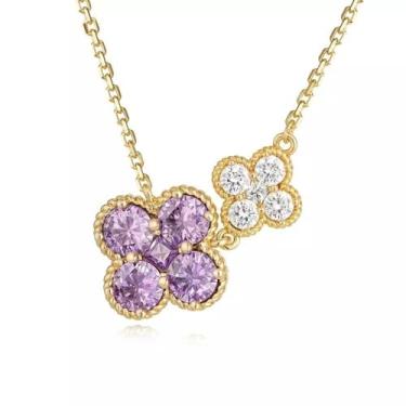 Imagem de Liiusgelad Colar de ouro feminino, pedra do mês de nascimento de zircônia e pulseira com pingente de trevo de quatro folhas, pingente de flor dourada delicada, trevo rosa/turquesa, presente para dama