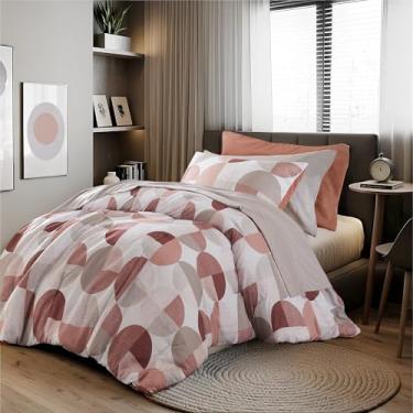 Imagem de Jogo de cama com 6 peças, estampa em três tons, tamanho GG, edredom e lençol de microfibra ultramacia, quente e aconchegante para todas as estações, blush terracota