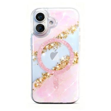Imagem de Teayoha Capa com glitter para iPhone 16 Pro, capa de telefone brilhante brilhante de luxo compatível com MagSafe, capa transparente com detalhes em folha dourada 3D mármore para mulheres, meninas