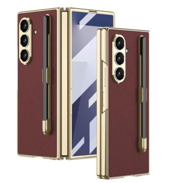 Imagem de Capa de revestimento para Samsung Galaxy Z Fold 7, com suporte de caneta, capa de couro com borda dourada de luxo, capa protetora de tela completa