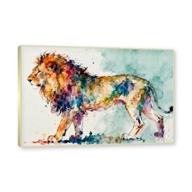 Imagem de NHLDZYH Moldura dourada. Pintura salpicada de leão pintura em tela abstrata arte animal mural vívido chama a atenção para sala de estar decoração moderna para casa. A31. 50 x 75 cm.