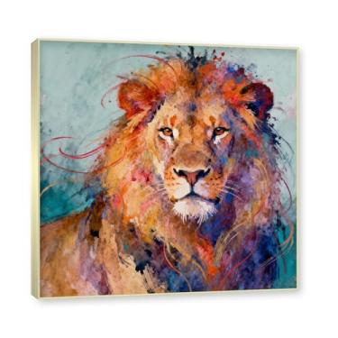 Imagem de NHLDZYH Moldura dourada. Pintura de leão colorida, impressão de arte abstrata vibrante, decoração de parede de animais selvagens e enérgicos, tela contemporânea moderna para quarto, academia, quarto