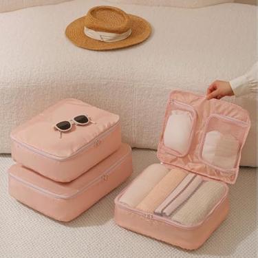 Imagem de Bolsa de armazenamento de viagem – Organizadores portáteis de bagagem para roupas, divisórias de mala e kit de classificação essencial de viagem (rosa, médio)
