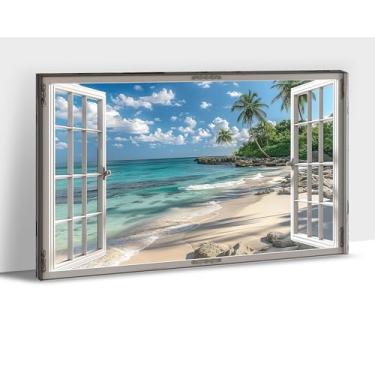 Imagem de Arte de parede com imagem de praia para sala de estar, decoração de pintura do oceano azul, estilo moldura de janela branca palmeiras decoração de parede em tela, arte de paisagem costeira azul para