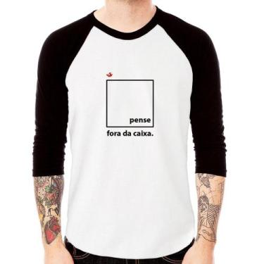 Imagem de Camiseta Raglan Pense fora da caixa Manga 3/4 - Foca na Moda, Branco, 