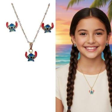 Imagem de Kit Colar e Brincos Infantil Disney com Pingente aço pequeno Stitch An
