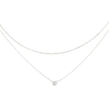 Imagem de Sibba Colar feminino de prata em camadas banhado a prata 14K, colar de diamante simples, pingente cúbico em camadas, gargantilha de espinha de peixe, conjunto de joias