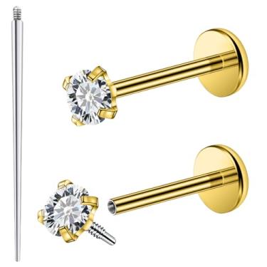 Imagem de Ftovosyo Piercing de aço cirúrgico com zircônia cúbica com rosca interna para piercing de nariz, concha, tragus, hélice, cartilagem, brincos para mulheres e homens, 18G, Metal, Zircônia cúbica