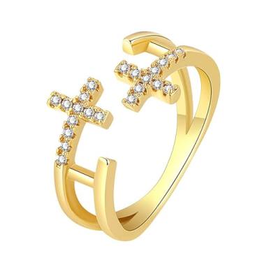 Imagem de OIDEA Anel de cruz dupla feminina: Anéis de cruz de zircônia cúbica da moda para mulheres ajustável empilhável fé pureza anel batismo joia cristã presente para ela, Metal, Sem pedra preciosa