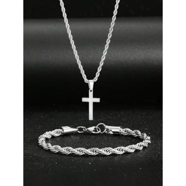 Imagem de Colar de cruz para homens moderno - Colar de cruz minimalista banhado a prata real 18K com pulseira de prata para mulheres e homens joias presentes