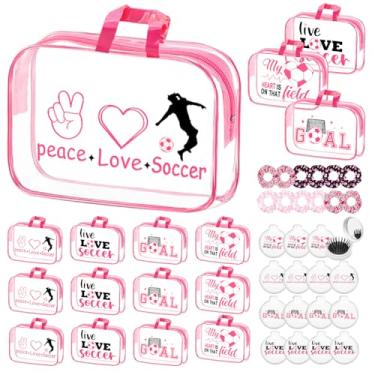 Imagem de 36 peças de sacolas de presentes de futebol rosa para mulheres adolescentes bolsas de maquiagem transparentes a granel com zíper Presentes de equipe esportiva incluem elásticos de cabelo esportivo
