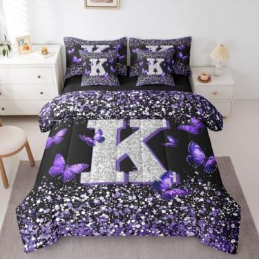 Imagem de Erosebridal Conjunto de edredom solteiro de borboleta fofo, 7 peças, para meninas, roxo, letra K, para crianças e adultos, monograma com glitter, lençol com lençol e lençol preto e roxo