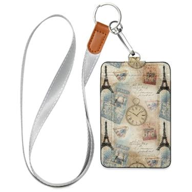 Imagem de Burbuja Porta-crachá de couro com cordão, etiqueta de identificação de item vintage com 1 janela transparente para identidade e 2 compartimentos para cartão para escritório, enfermeira, professor