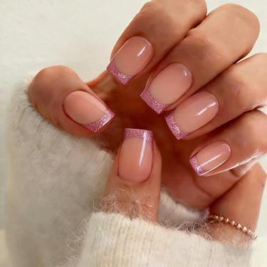 Imagem de KXAMELIE Unhas de pressão médias – unhas quadradas francesas com cola, unhas postiças curtas nude em 12 tamanhos – Kit de 24 unhas de gel macio para mulheres, brilho brilhante, rosa brilhante francês