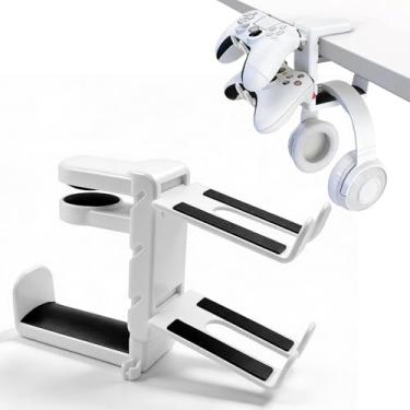 Imagem de Suporte 3 em 1 para fone de ouvido para jogos com suporte de controle de fixação, suporte giratório para fone de ouvido sob a mesa, suporte ajustável para fone de ouvido em PC com organizador de cabos
