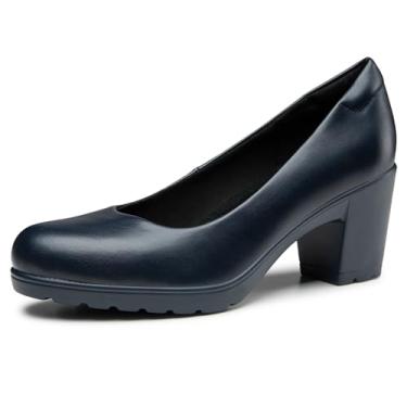 Imagem de Trary Sapato feminino grosso de salto baixo sem cadarço, confortável, clássico, bico redondo, para trabalho, casamento, escritório, sapatos femininos, Azul marinho, 35
