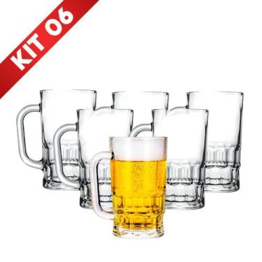Imagem de Kit 6 Caneca Chopp Cerveja Vidro Copo Bebida Alça 410ml Festa Churrasc