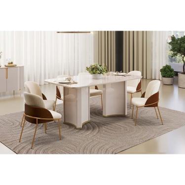 Imagem de Conjunto: Mesa Sala Jantar Liz c/ Tampo Madeirado c/ Vidro Curvo 180x100cm e 6 Cadeiras Vitta Off White - Boucle Perola/Terracota - DJ Móveis