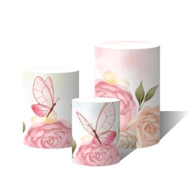 Imagem de Trio Capas Para Cilindro Versátil Jardim Flores Borboletas Céu Aquarel