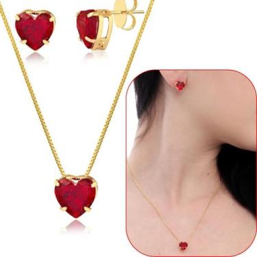 Imagem de Conjunto de coração de cristal vinho 10mm banhado a ouro 18k - Morgani