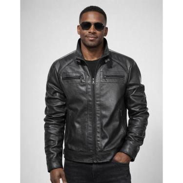 Imagem de Jaqueta De Couro Masculina Motoqueiro Luxo Couro PU Importado Com Forro-Masculino
