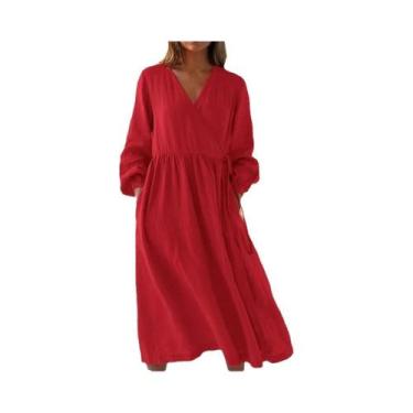 Imagem de Vestido A-line De Algodão E Linho Com Decote Em V E Manga Longa, Solto