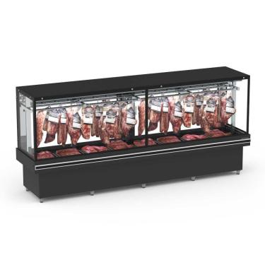 Imagem de Expositor Açougue Vanguard Top 3,00m Gancheira Vidro Aquecido Ar Forçado EAVTVRG3000AF 220V - Refrimate