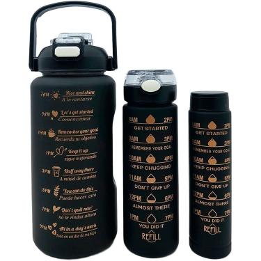Imagem de Kit Garrafas de Água para Treino com Frases Motivacionais Capacidades 2L 900ml 300ml Plástico Preto