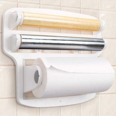 Imagem de Porta Papel Toalha Triplo Suporte Rolos de Cozinha 3 em 1 Organizador em Plástico com G...