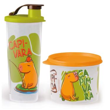 Imagem de Kit Pote e Copo com Bico Kit Capivaras Redondinha 500ml e 470ml para Lanches em Plástic...