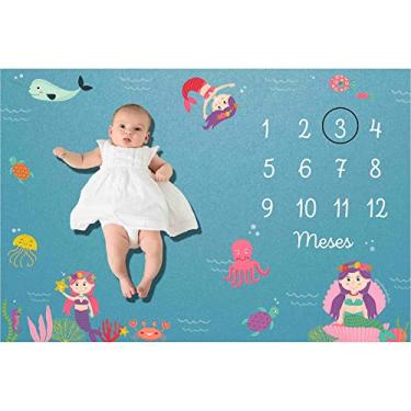Imagem de Lençol Cenário Foto Mêsversário Sereia - Minha Estrelinha Painel Temático, Acompanhamento Mensal, Fundo Fotográfico Infantil com Marcador MDF