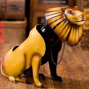 Imagem de Pkfinrd Decoração de leão, marrom, decoração de vinho, artesanato, presente criativo, decoração de casa, decoração de metal de ferro 29,2 x 15,5 x 27,4 enfeites